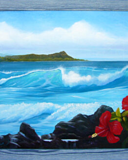 Diamond Head and Red Hibiscus (Original Oil Painting)