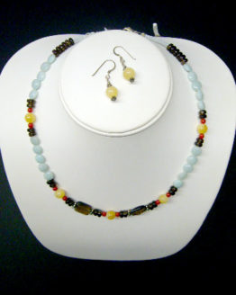 Smokey Topaz, Red Coral, Yellow Jade and Amazonite Necklace & Earrings