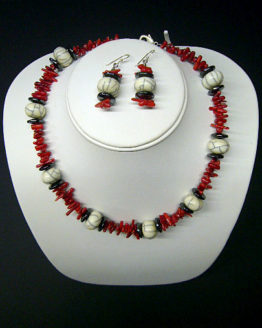 Red Bamboo Coral, Hemeite, Resin Necklace & Earrings