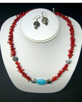 Red Bamboo Coral, Turquoise; Silver Necklace & Earrings